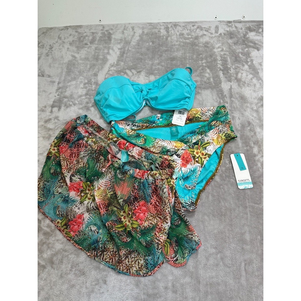 Sunsets 3pc Bikini Set 36D Aqua Sky Iconic Twist‎ Top XL Tahitian Dream Skirt V
